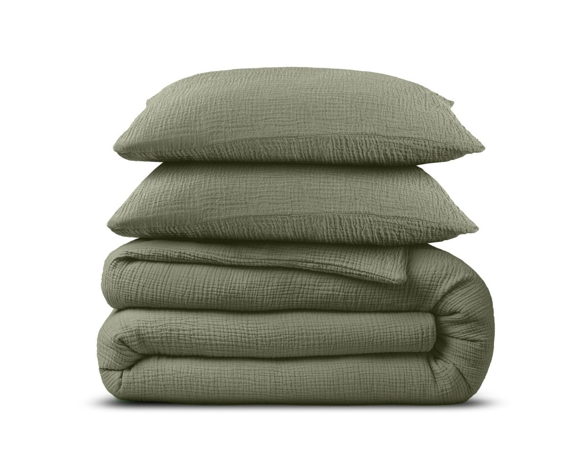 100% Cotton Muslin Duvet Cover Set Mossy | Green | King - 240cm (W) x 200/220cm (L) - The Bedding & Blankets Store