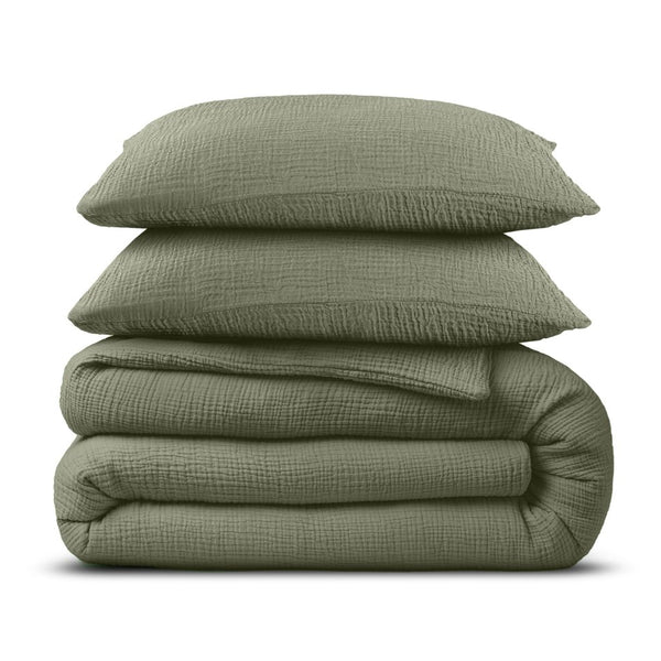 100% Cotton Muslin Duvet Cover Set Mossy | Green | King - 240cm (W) x 200/220cm (L) - The Bedding & Blankets Store