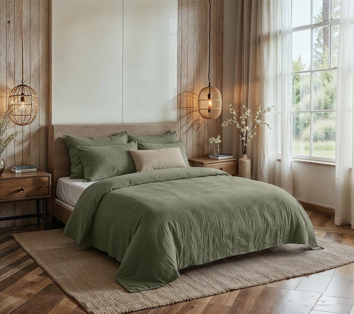 100% Cotton Muslin Duvet Cover Set Mossy | Green | King - 240cm (W) x 200/220cm (L) - The Bedding & Blankets Store