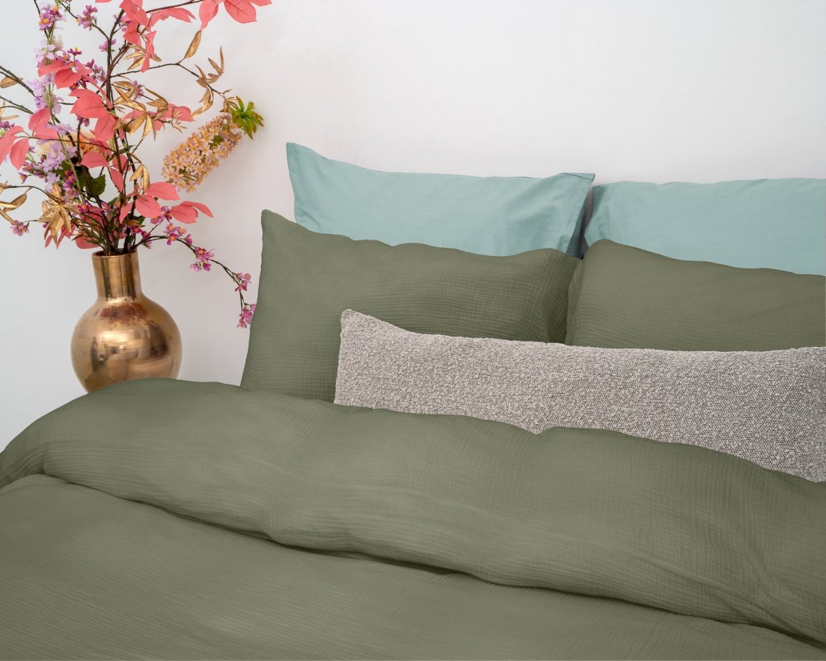 100% Cotton Muslin Duvet Cover Set Mossy | Green | King - 240cm (W) x 200/220cm (L) - The Bedding & Blankets Store