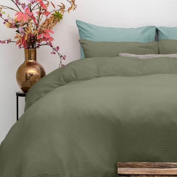 100% Cotton Muslin Duvet Cover Set Mossy | Green | King - 240cm (W) x 200/220cm (L) - The Bedding & Blankets Store