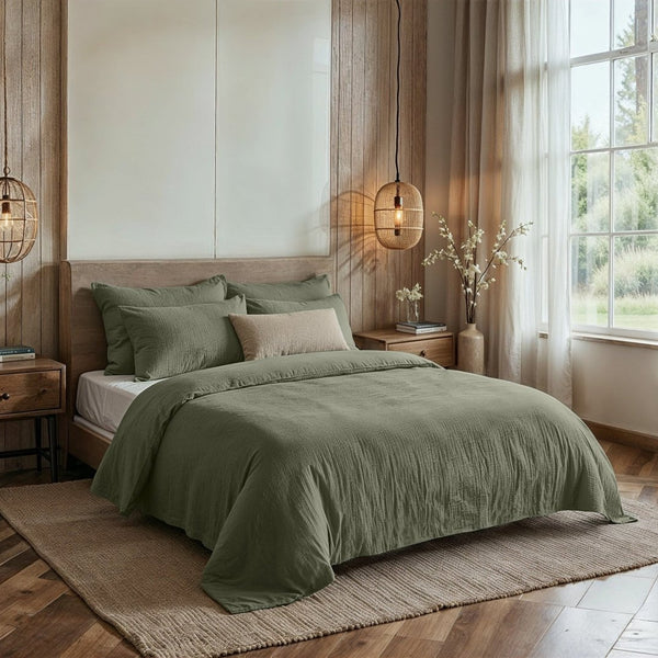 100% Cotton Muslin Duvet Cover Set Mossy | Green | King - 240cm (W) x 200/220cm (L) - The Bedding & Blankets Store
