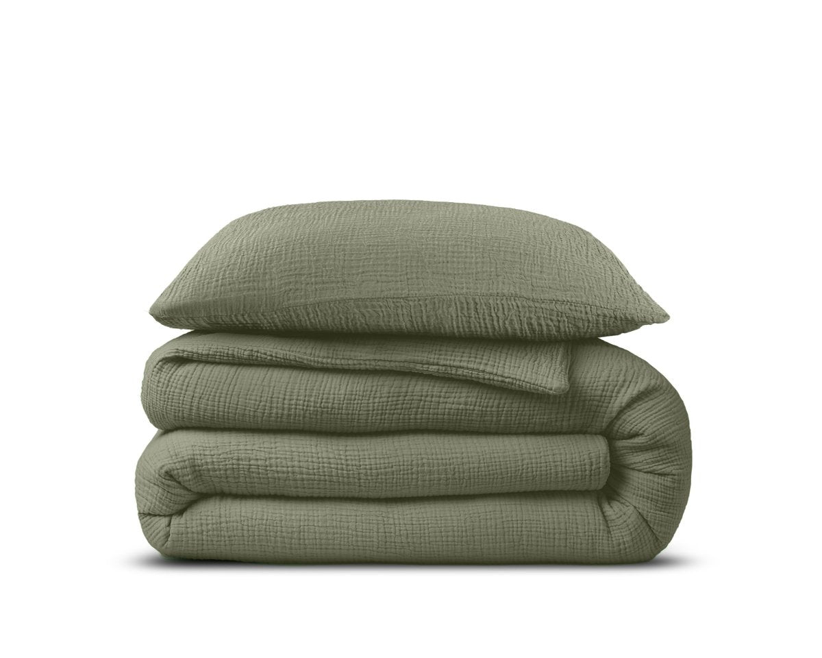 100% Cotton Muslin Duvet Cover Set Mossy | Green | King - 240cm (W) x 200/220cm (L) - The Bedding & Blankets Store