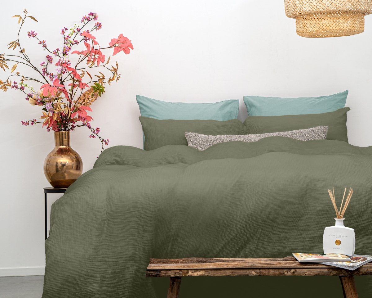 100% Cotton Muslin Duvet Cover Set Mossy | Green | King - 240cm (W) x 200/220cm (L) - The Bedding & Blankets Store