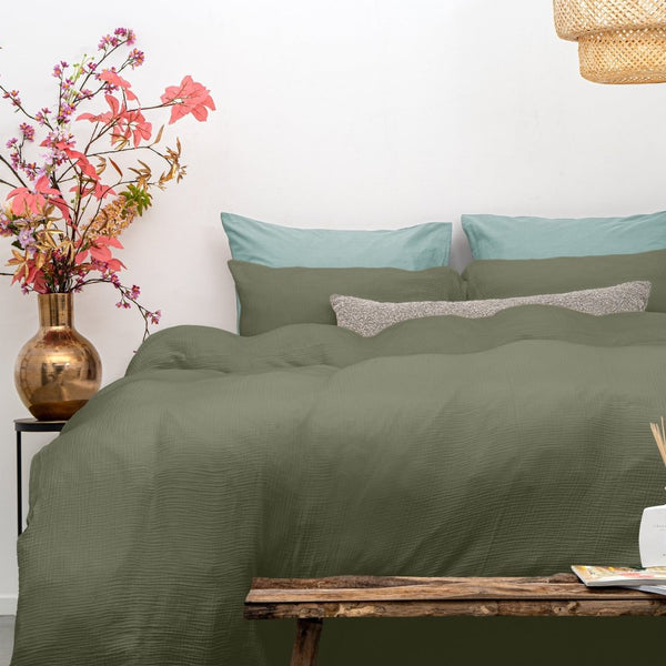 100% Cotton Muslin Duvet Cover Set Mossy | Green | King - 240cm (W) x 200/220cm (L) - The Bedding & Blankets Store