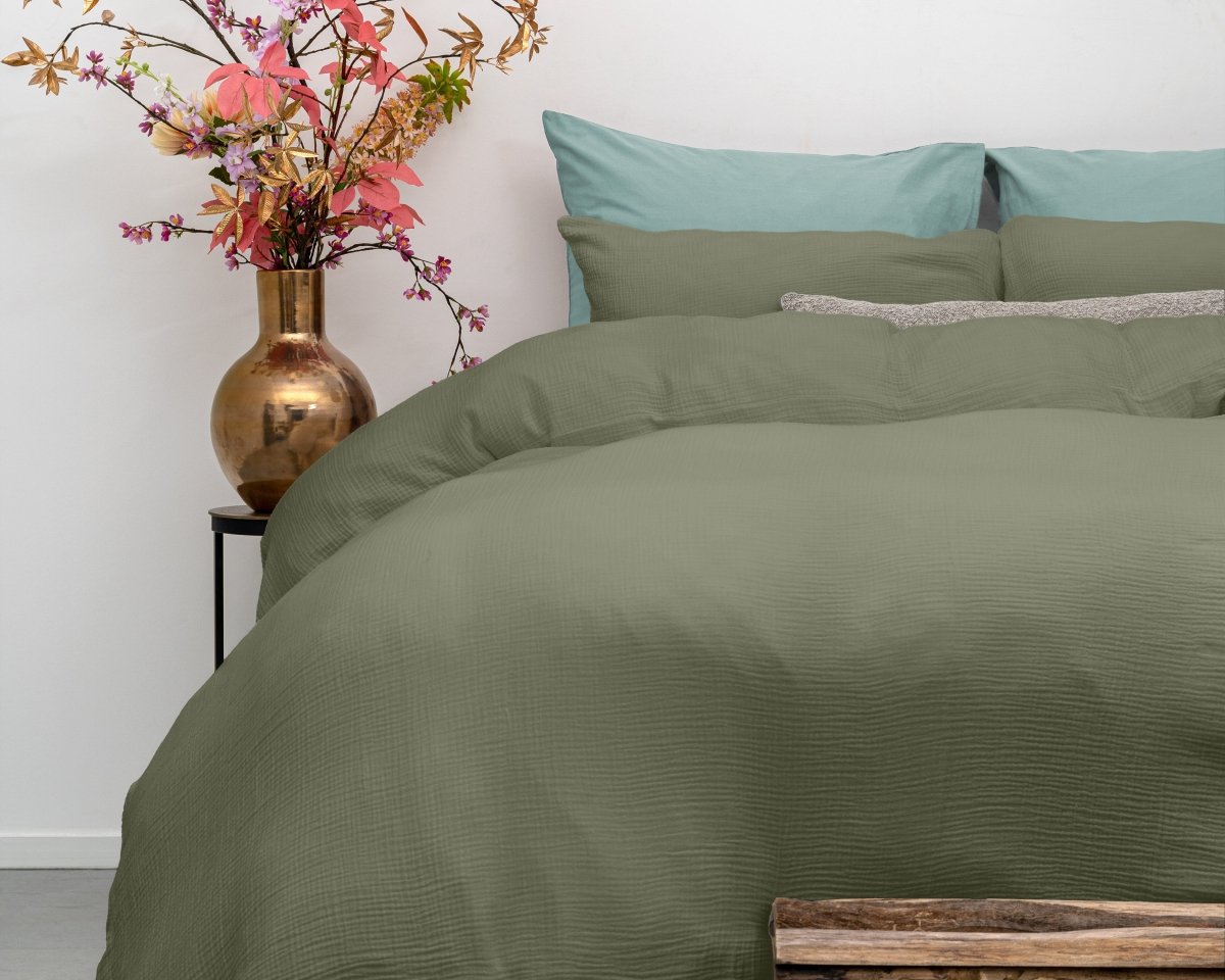 100% Cotton Muslin Duvet Cover Set Mossy | Green | King - 240cm (W) x 200/220cm (L) - The Bedding & Blankets Store