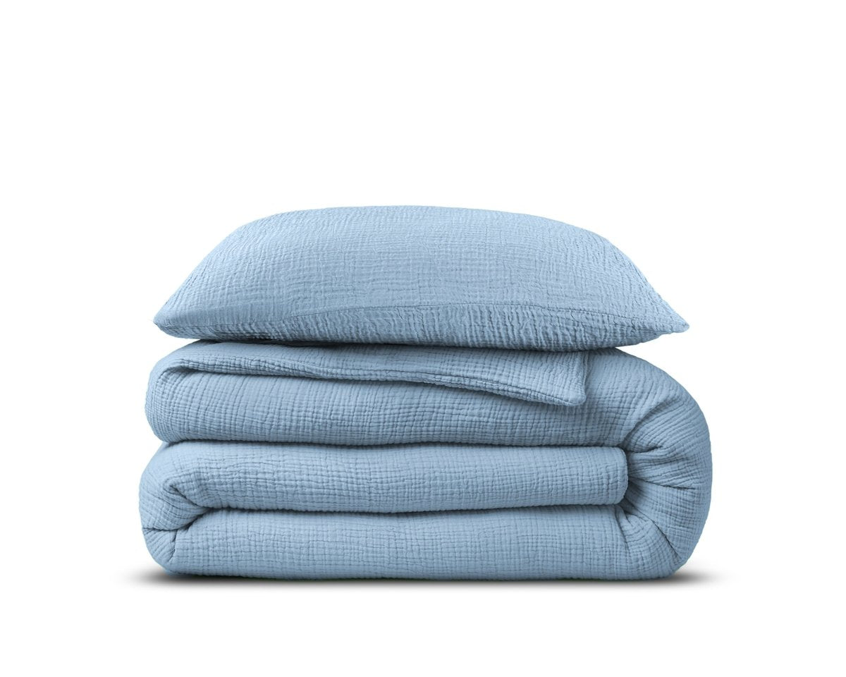 100% Cotton Muslin Duvet Cover Set Mousseline | Blue | Single Long - 140cm (W) x 200cm (L) - The Bedding & Blankets Store