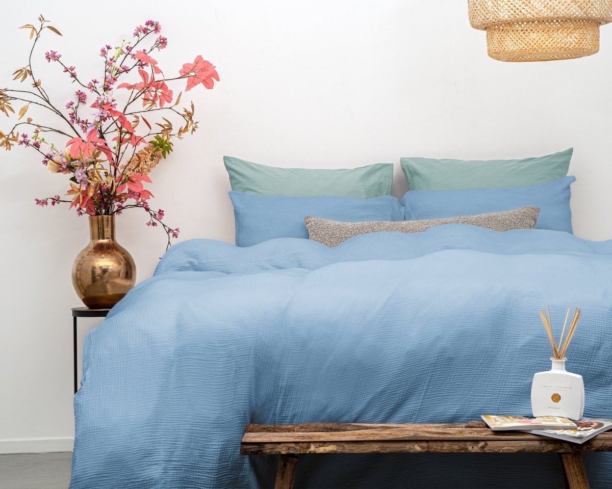 100% Cotton Muslin Duvet Cover Set Mousseline | Blue | Single Long - 140cm (W) x 200cm (L) - The Bedding & Blankets Store
