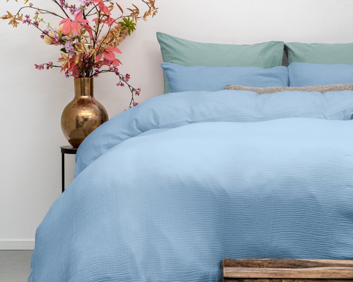 100% Cotton Muslin Duvet Cover Set Mousseline | Blue | Single Long - 140cm (W) x 200cm (L) - The Bedding & Blankets Store