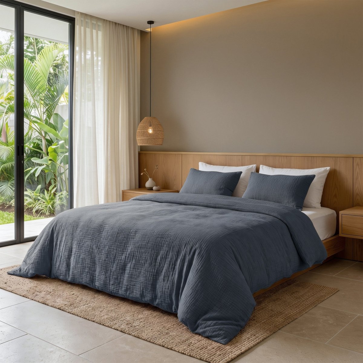 100% Cotton Muslin Duvet Cover Set Mousseline | Midnight Blue | Single - 140cm (W) x 220/240cm (L) - The Bedding & Blankets Store