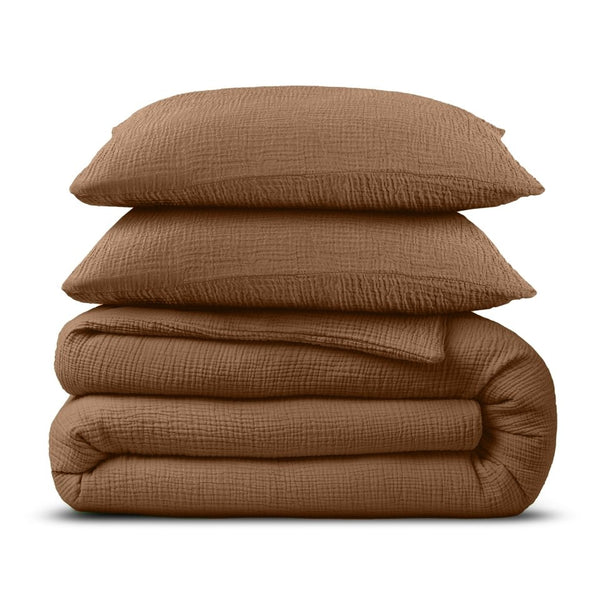 100% Cotton Muslin Duvet Cover Set Mousseline | Terracotta | King - 240cm (W) x 200/220cm (L) - The Bedding & Blankets Store