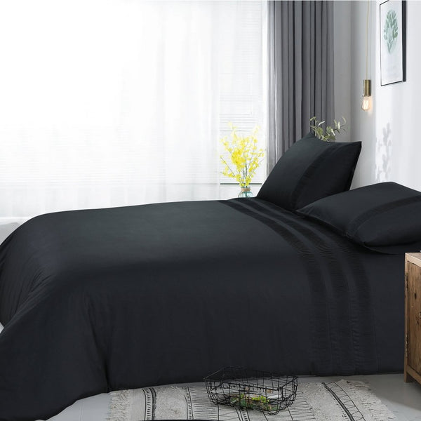 100% Cotton Percale Duvet Cover Set Bali | Black | King Long - 240cm (W) x 220cm (L) - The Bedding & Blankets Store