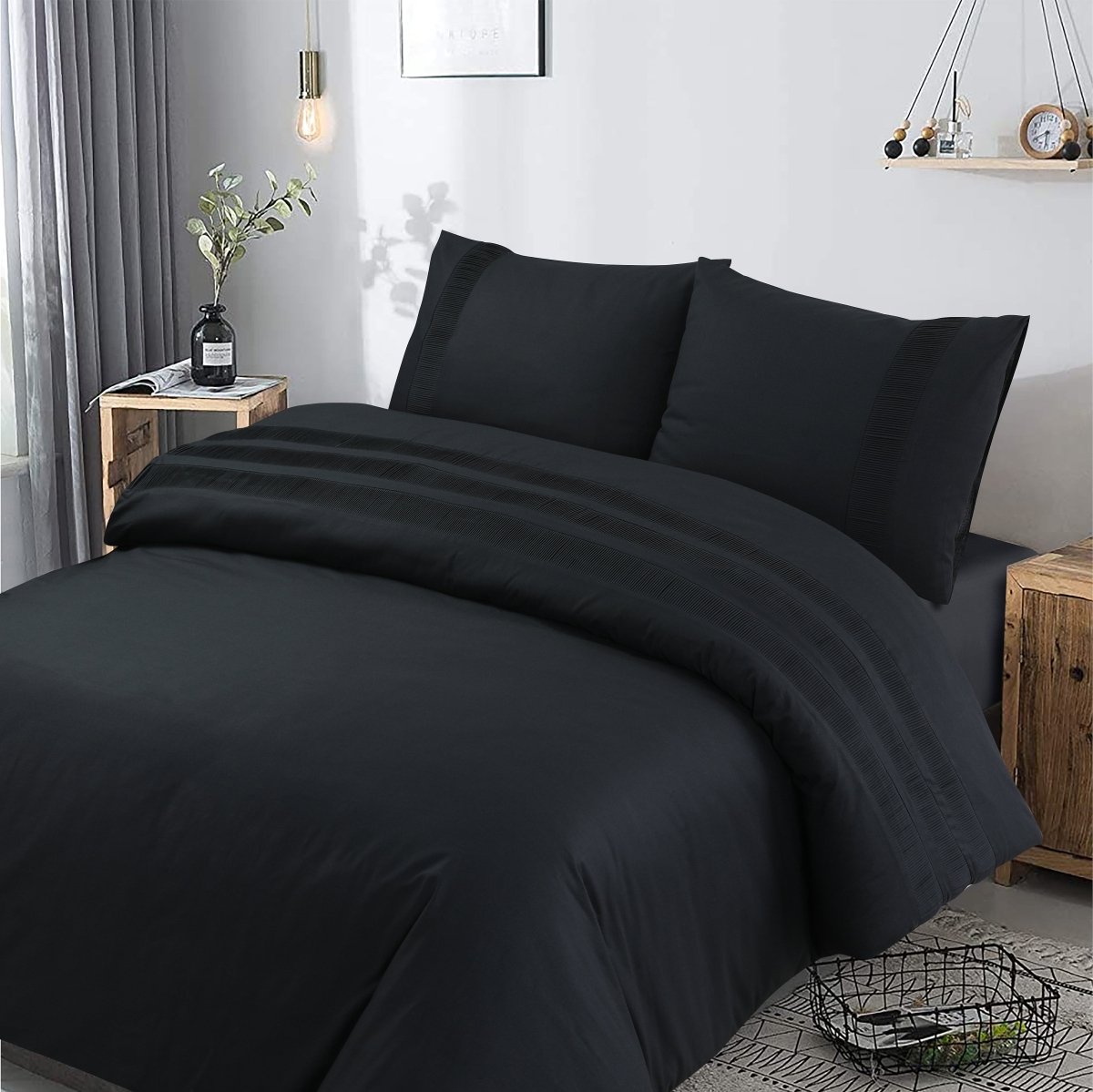 100% Cotton Percale Duvet Cover Set Bali | Black | King Long - 240cm (W) x 220cm (L) - The Bedding & Blankets Store