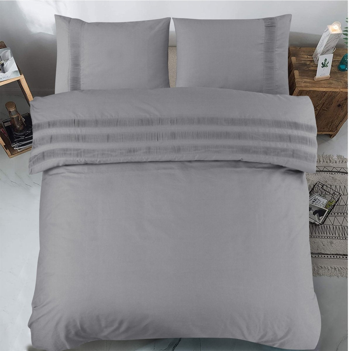 100% Cotton Percale Duvet Cover Set Bali | Grey | King Long - 240cm (W) x 220cm (L) - The Bedding & Blankets Store