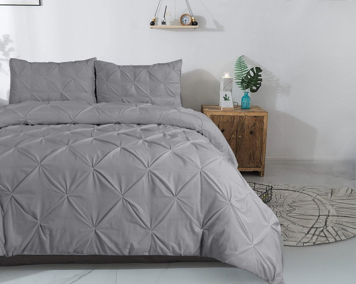 100% Cotton Pintuck Duvet Cover Set Salvador | Grey | King Long - 240cm (W) x 220cm (L) - The Bedding & Blankets Store