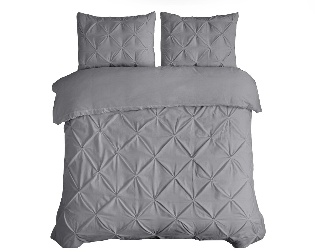 100% Cotton Pintuck Duvet Cover Set Salvador | Grey | King Long - 240cm (W) x 220cm (L) - The Bedding & Blankets Store