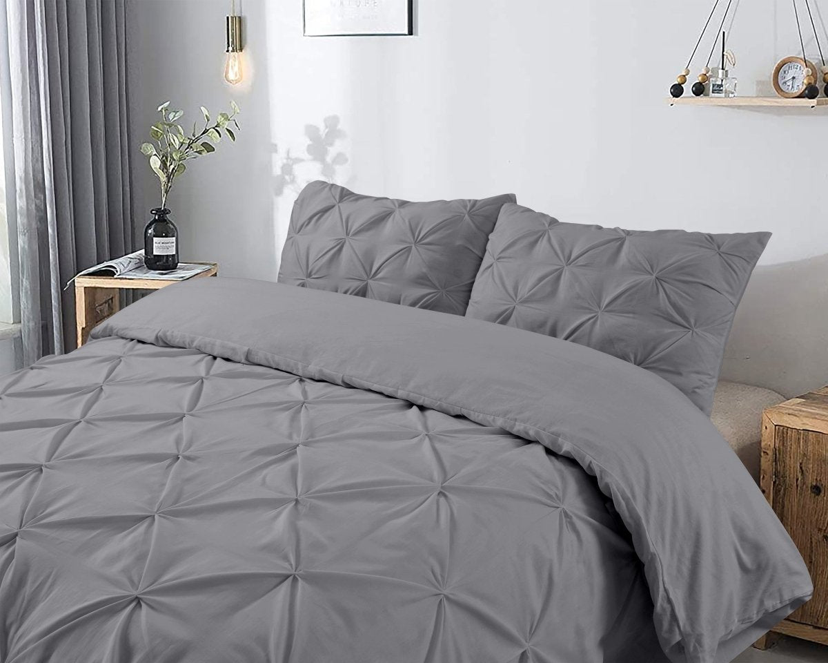 100% Cotton Pintuck Duvet Cover Set Salvador | Grey | King Long - 240cm (W) x 220cm (L) - The Bedding & Blankets Store