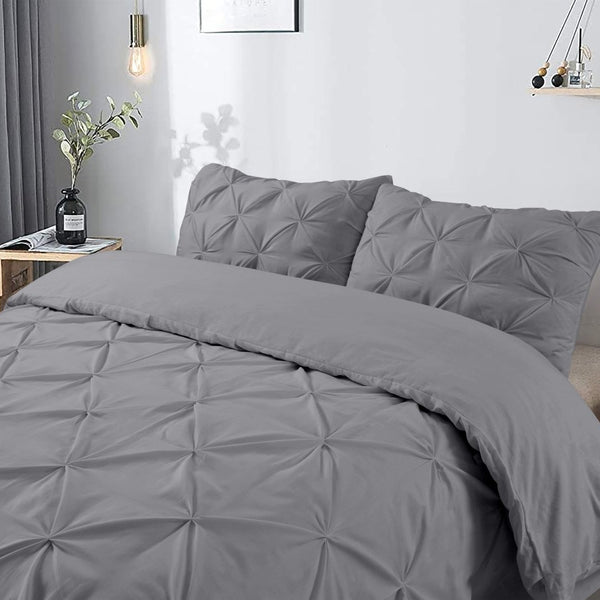100% Cotton Pintuck Duvet Cover Set Salvador | Grey | King Long - 240cm (W) x 220cm (L) - The Bedding & Blankets Store