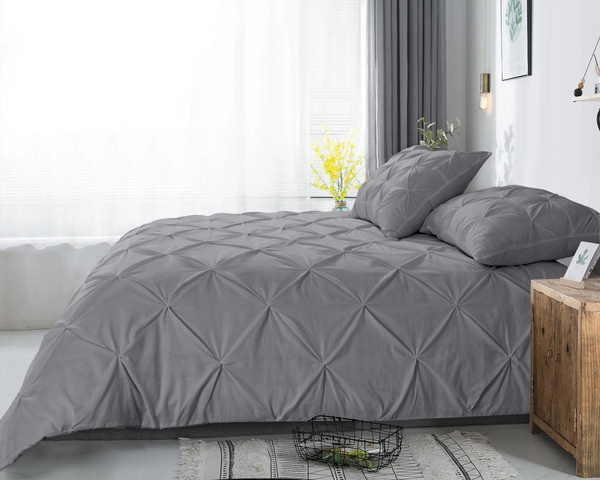 100% Cotton Pintuck Duvet Cover Set Salvador | Grey | King Long - 240cm (W) x 220cm (L) - The Bedding & Blankets Store
