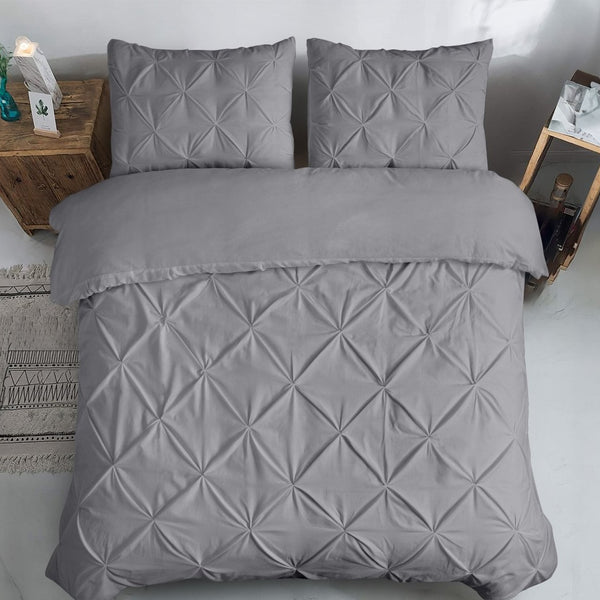 100% Cotton Pintuck Duvet Cover Set Salvador | Grey | King Long - 240cm (W) x 220cm (L) - The Bedding & Blankets Store