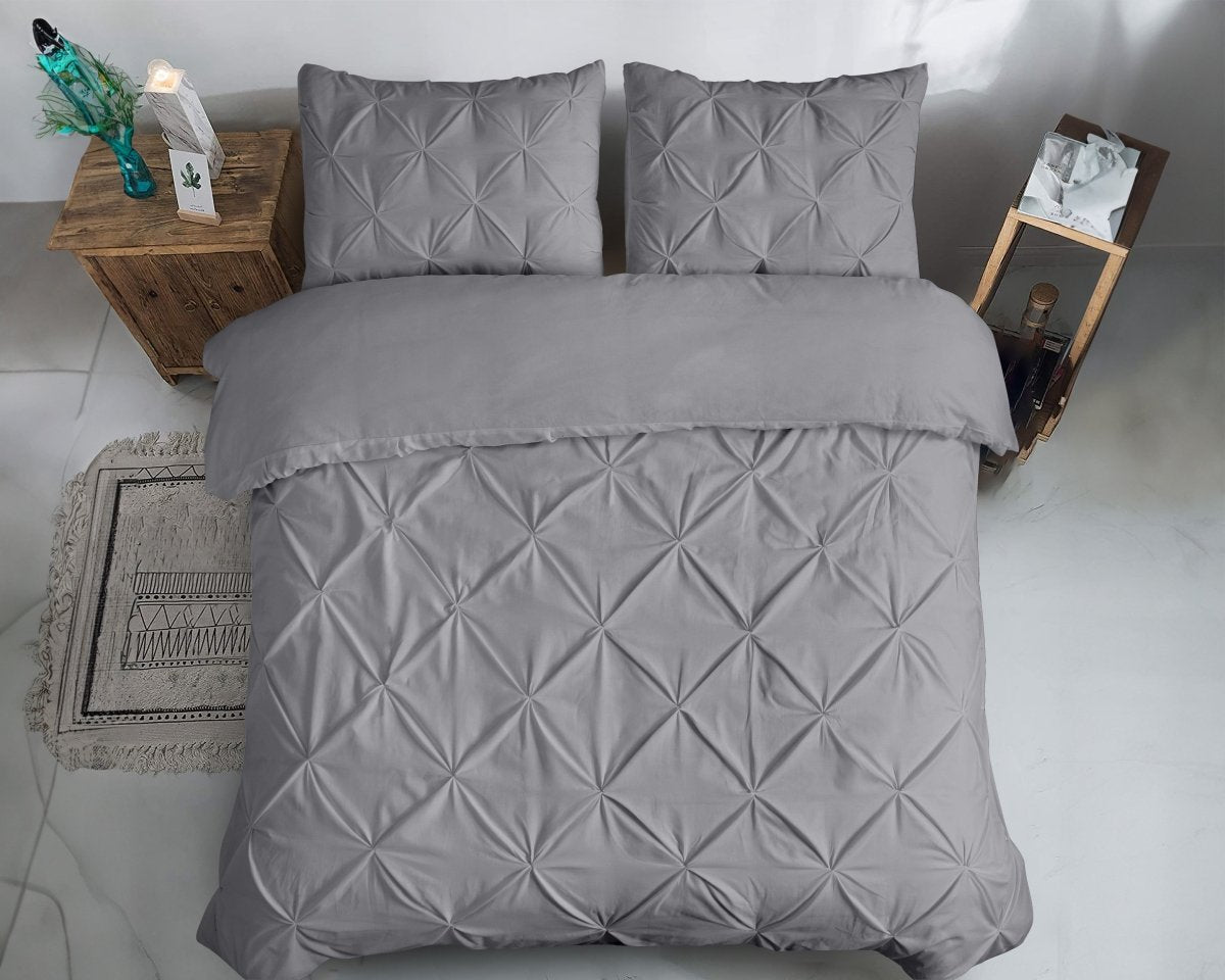 100% Cotton Pintuck Duvet Cover Set Salvador | Grey | King Long - 240cm (W) x 220cm (L) - The Bedding & Blankets Store