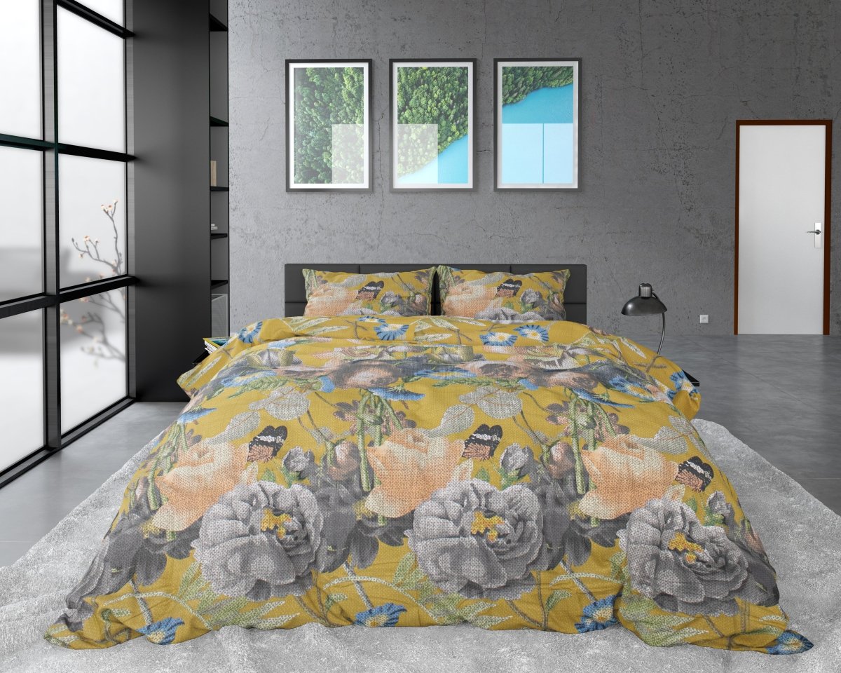 100% Cotton Sateen Duvet Cover Set Andolf | Yellow | Double - 200cm (W) x 220cm (L) - The Bedding & Blankets Store