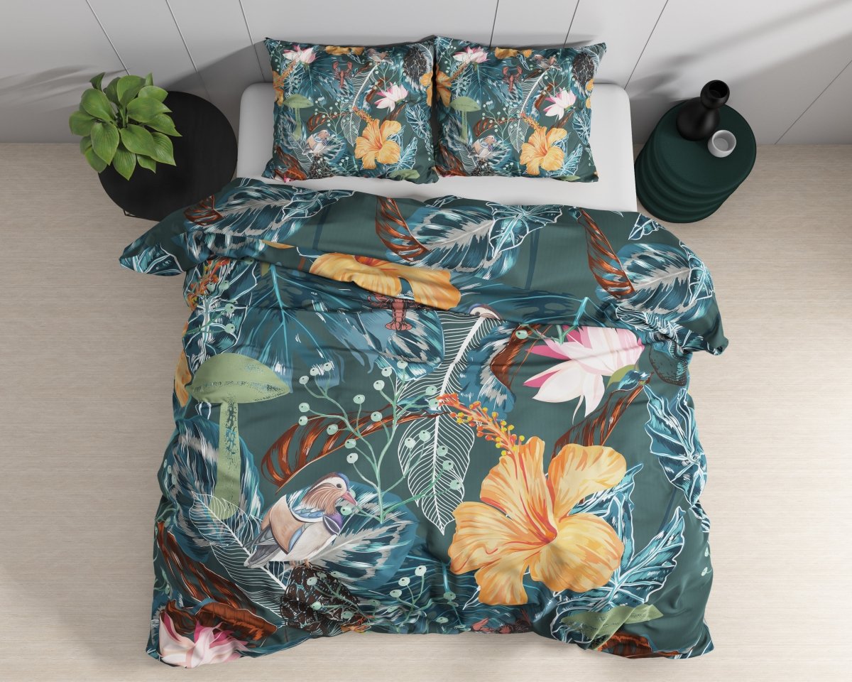100% Cotton Sateen Duvet Cover Set Calanthe | Green | Single - 140cm (W) x 220cm (L) - The Bedding & Blankets Store