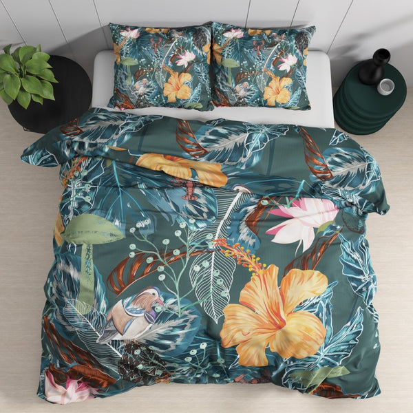 100% Cotton Sateen Duvet Cover Set Calanthe | Green | Single - 140cm (W) x 220cm (L) - The Bedding & Blankets Store