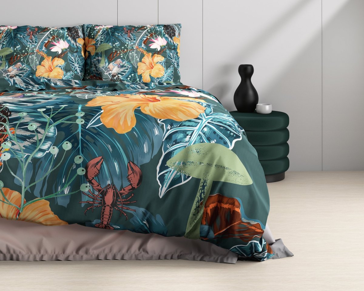 100% Cotton Sateen Duvet Cover Set Calanthe | Green | Single - 140cm (W) x 220cm (L) - The Bedding & Blankets Store
