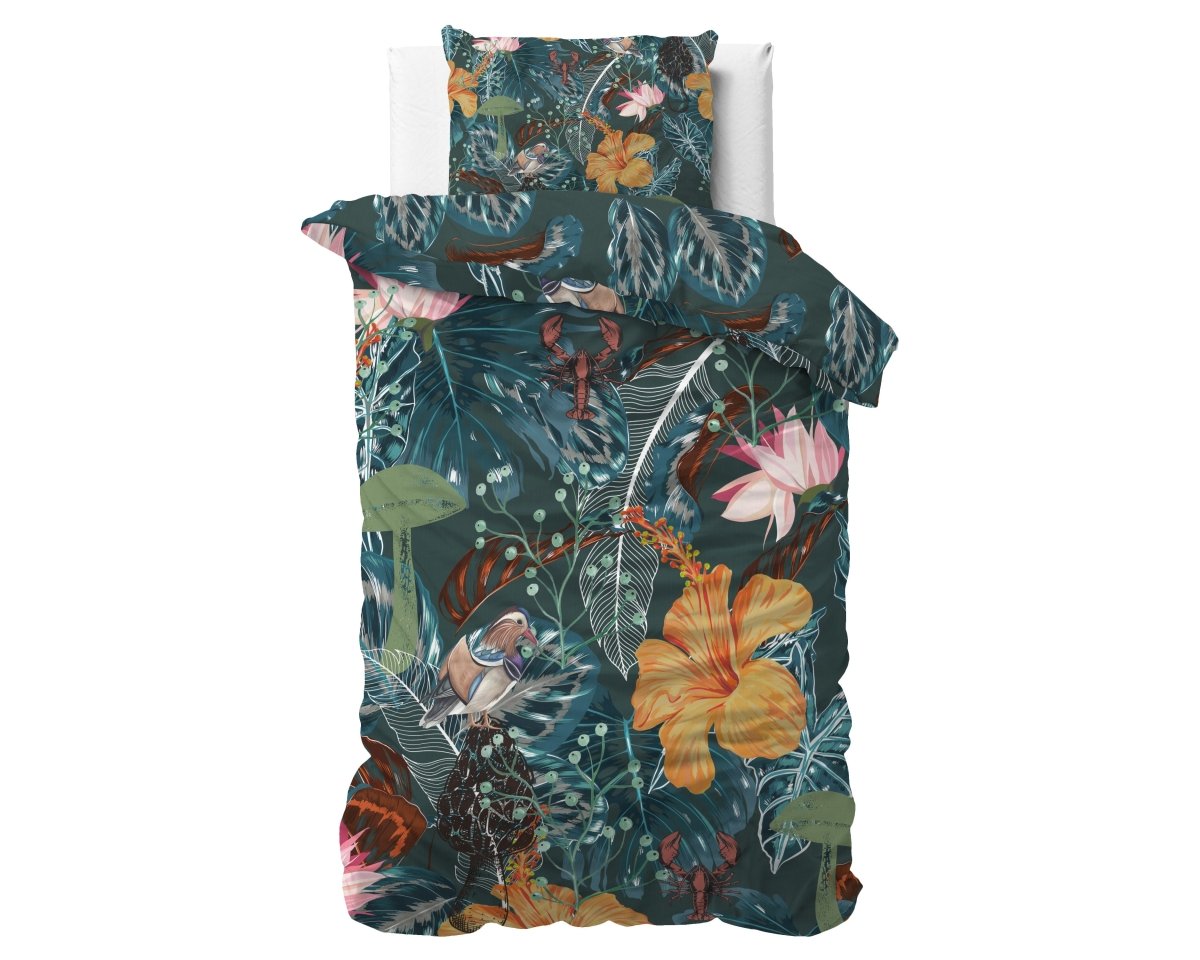100% Cotton Sateen Duvet Cover Set Calanthe | Green | Single - 140cm (W) x 220cm (L) - The Bedding & Blankets Store
