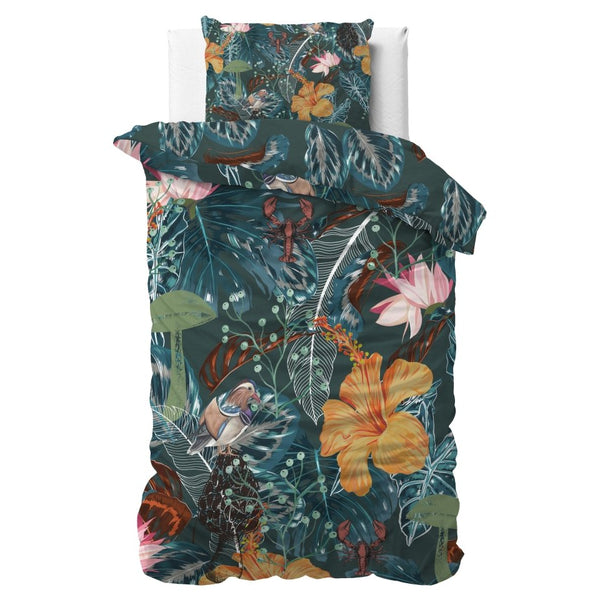 100% Cotton Sateen Duvet Cover Set Calanthe | Green | Single - 140cm (W) x 220cm (L) - The Bedding & Blankets Store