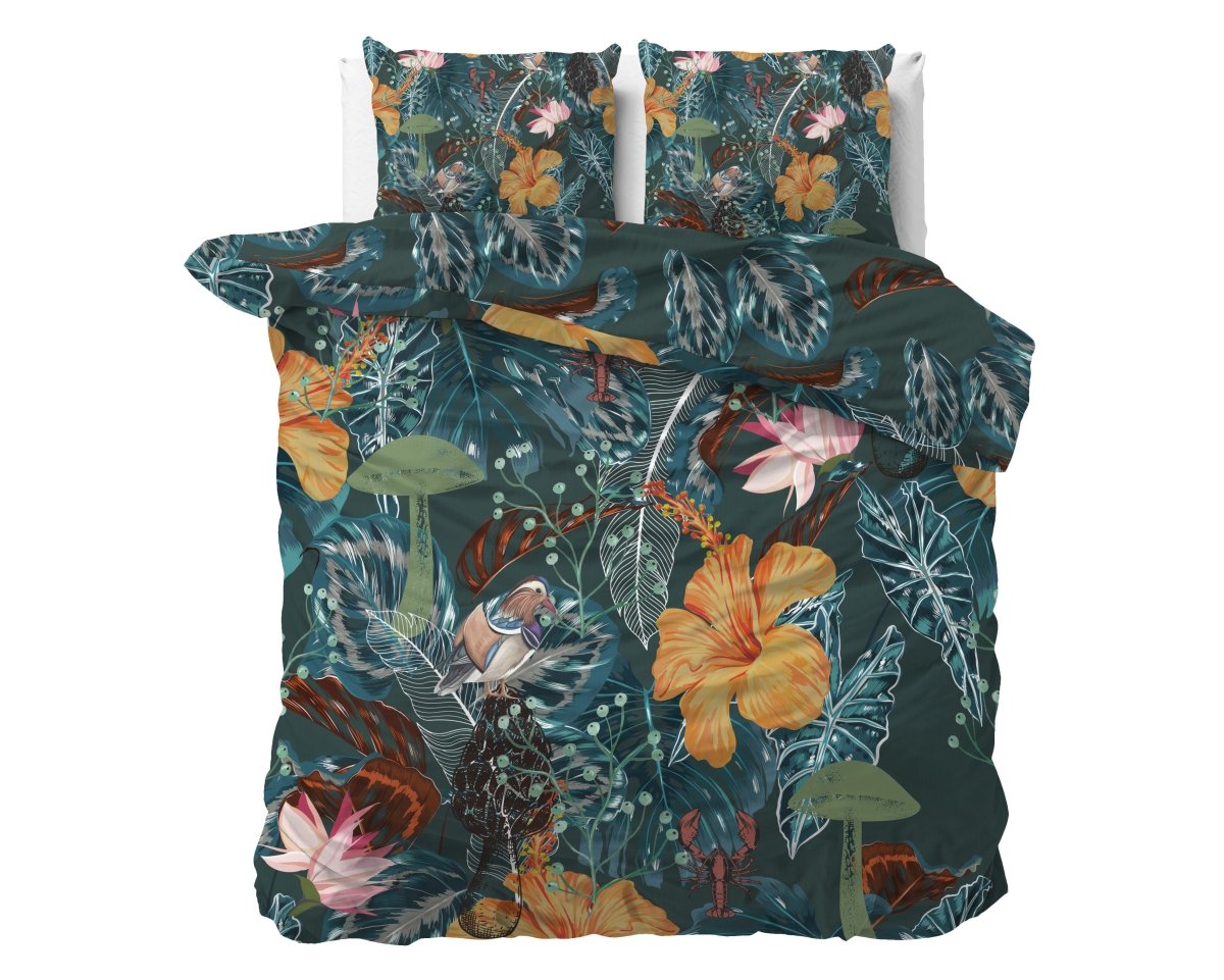 100% Cotton Sateen Duvet Cover Set Calanthe | Green | Single - 140cm (W) x 220cm (L) - The Bedding & Blankets Store