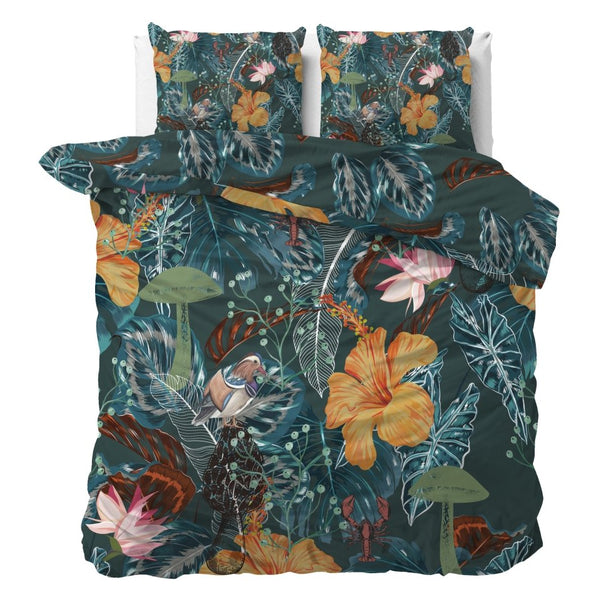 100% Cotton Sateen Duvet Cover Set Calanthe | Green | Single - 140cm (W) x 220cm (L) - The Bedding & Blankets Store