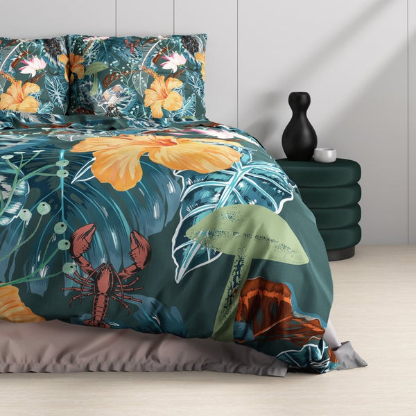 100% Cotton Sateen Duvet Cover Set Calanthe | Green | Single - 140cm (W) x 220cm (L) - The Bedding & Blankets Store