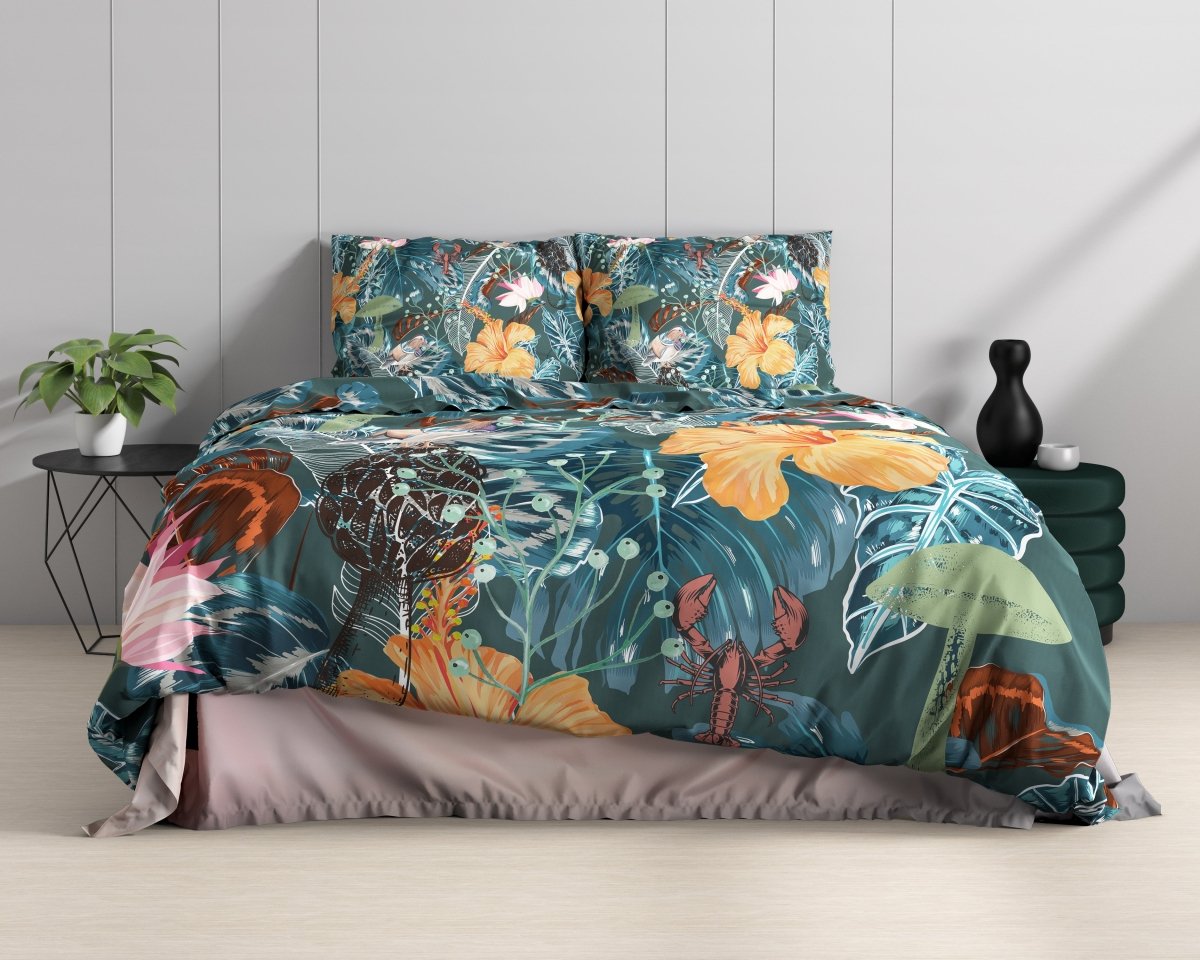100% Cotton Sateen Duvet Cover Set Calanthe | Green | Single - 140cm (W) x 220cm (L) - The Bedding & Blankets Store
