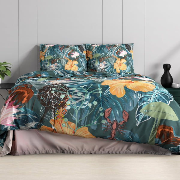 100% Cotton Sateen Duvet Cover Set Calanthe | Green | Single - 140cm (W) x 220cm (L) - The Bedding & Blankets Store