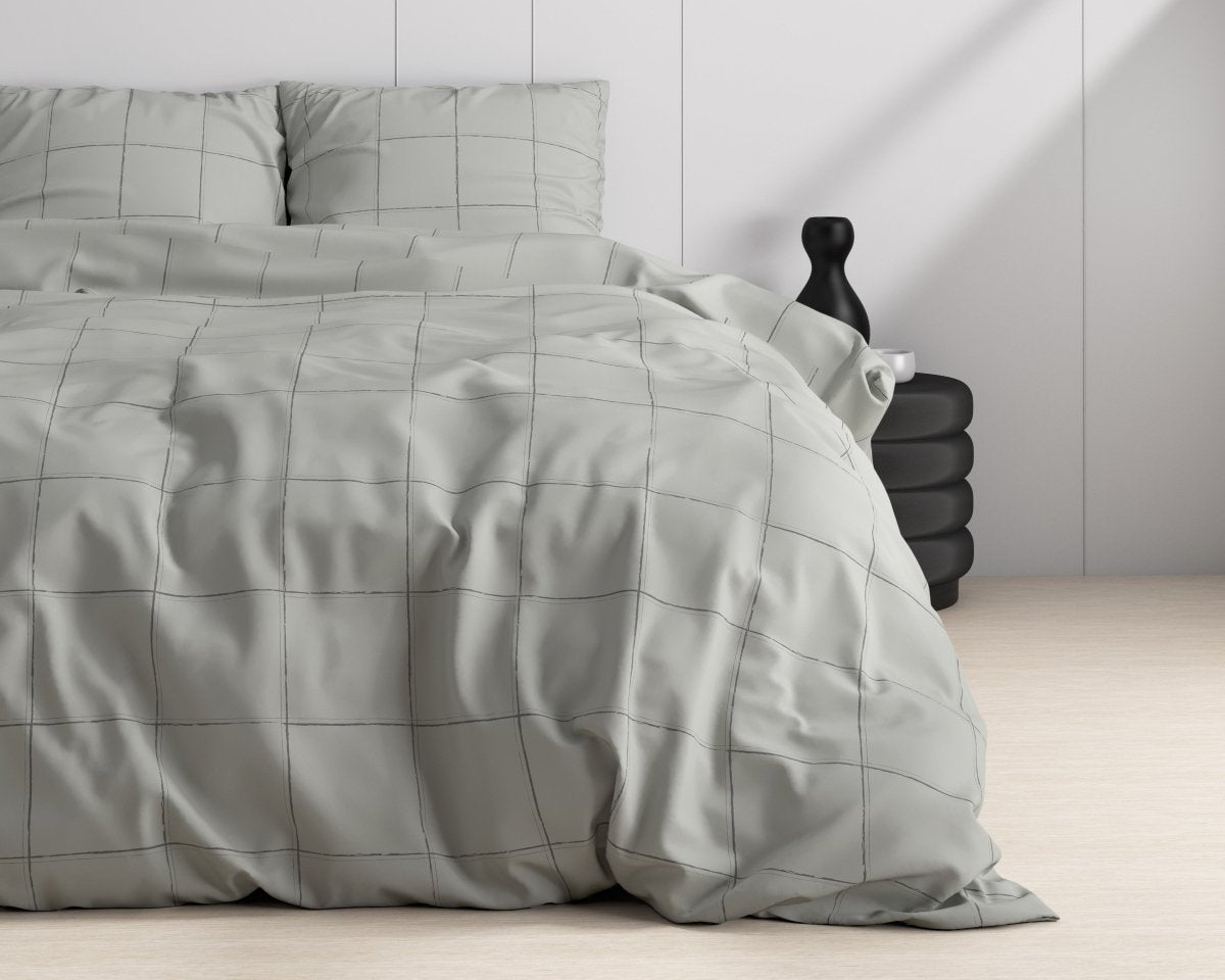 100% Cotton Sateen Duvet Cover Set Deep Check | Grey | Single - 140cm (W) x 220cm (L) - The Bedding & Blankets Store