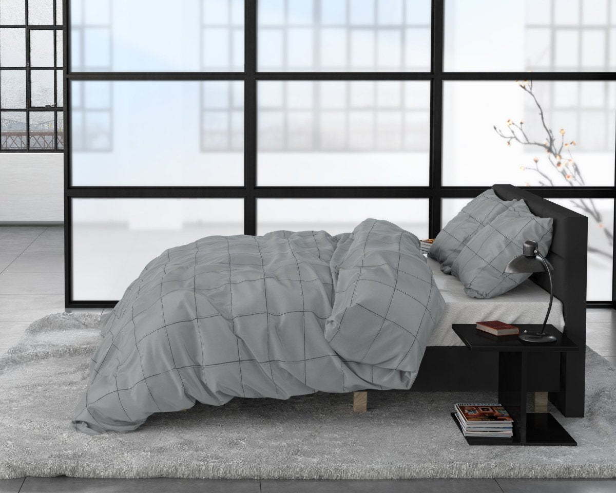100% Cotton Sateen Duvet Cover Set Deep Check | Grey | Single - 140cm (W) x 220cm (L) - The Bedding & Blankets Store