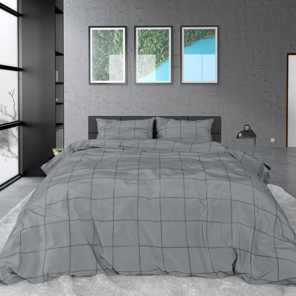 100% Cotton Sateen Duvet Cover Set Deep Check | Grey | Single - 140cm (W) x 220cm (L) - The Bedding & Blankets Store