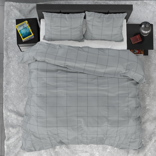 100% Cotton Sateen Duvet Cover Set Deep Check | Grey | Single - 140cm (W) x 220cm (L) - The Bedding & Blankets Store