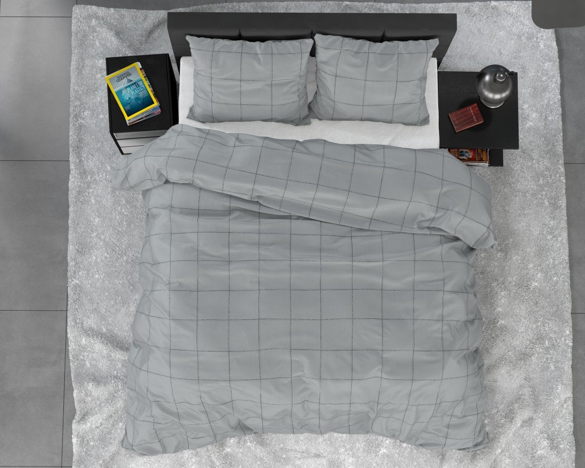 100% Cotton Sateen Duvet Cover Set Deep Check | Grey | Single - 140cm (W) x 220cm (L) - The Bedding & Blankets Store