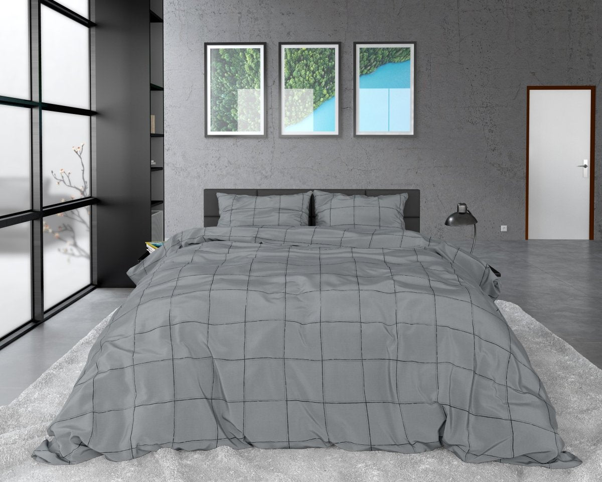 100% Cotton Sateen Duvet Cover Set Deep Check | Grey | Single - 140cm (W) x 220cm (L) - The Bedding & Blankets Store