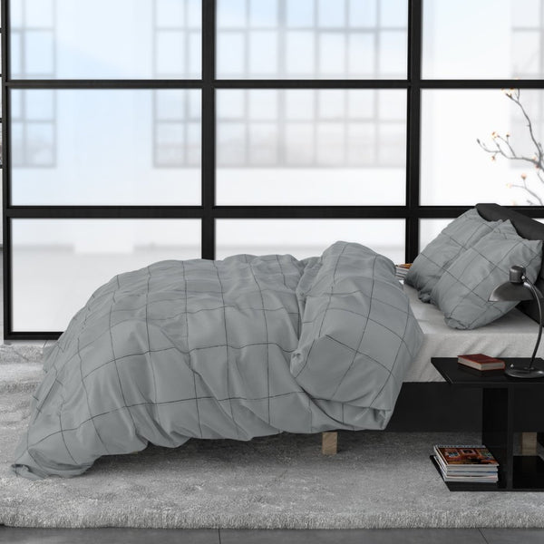 100% Cotton Sateen Duvet Cover Set Deep Check | Grey | Single - 140cm (W) x 220cm (L) - The Bedding & Blankets Store