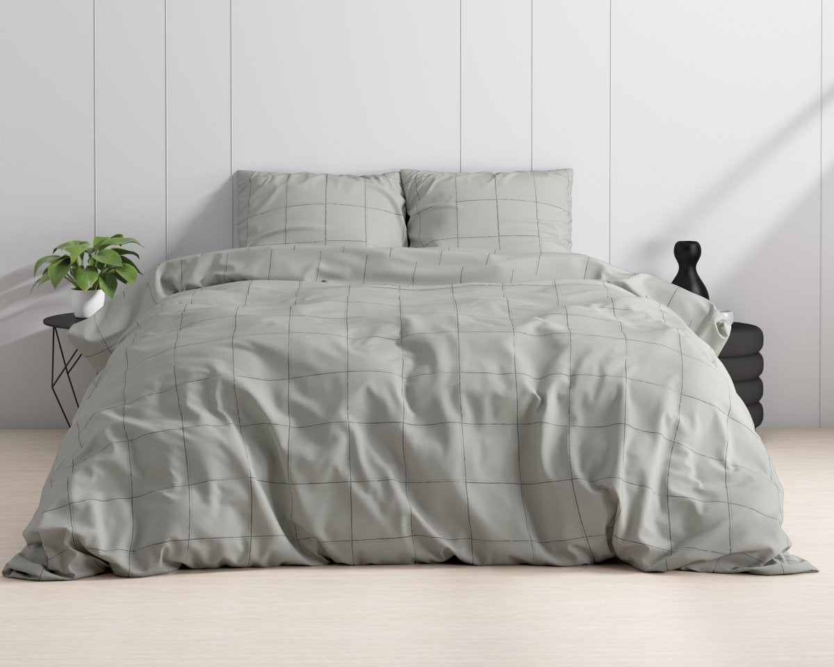 100% Cotton Sateen Duvet Cover Set Deep Check | Grey | Single - 140cm (W) x 220cm (L) - The Bedding & Blankets Store