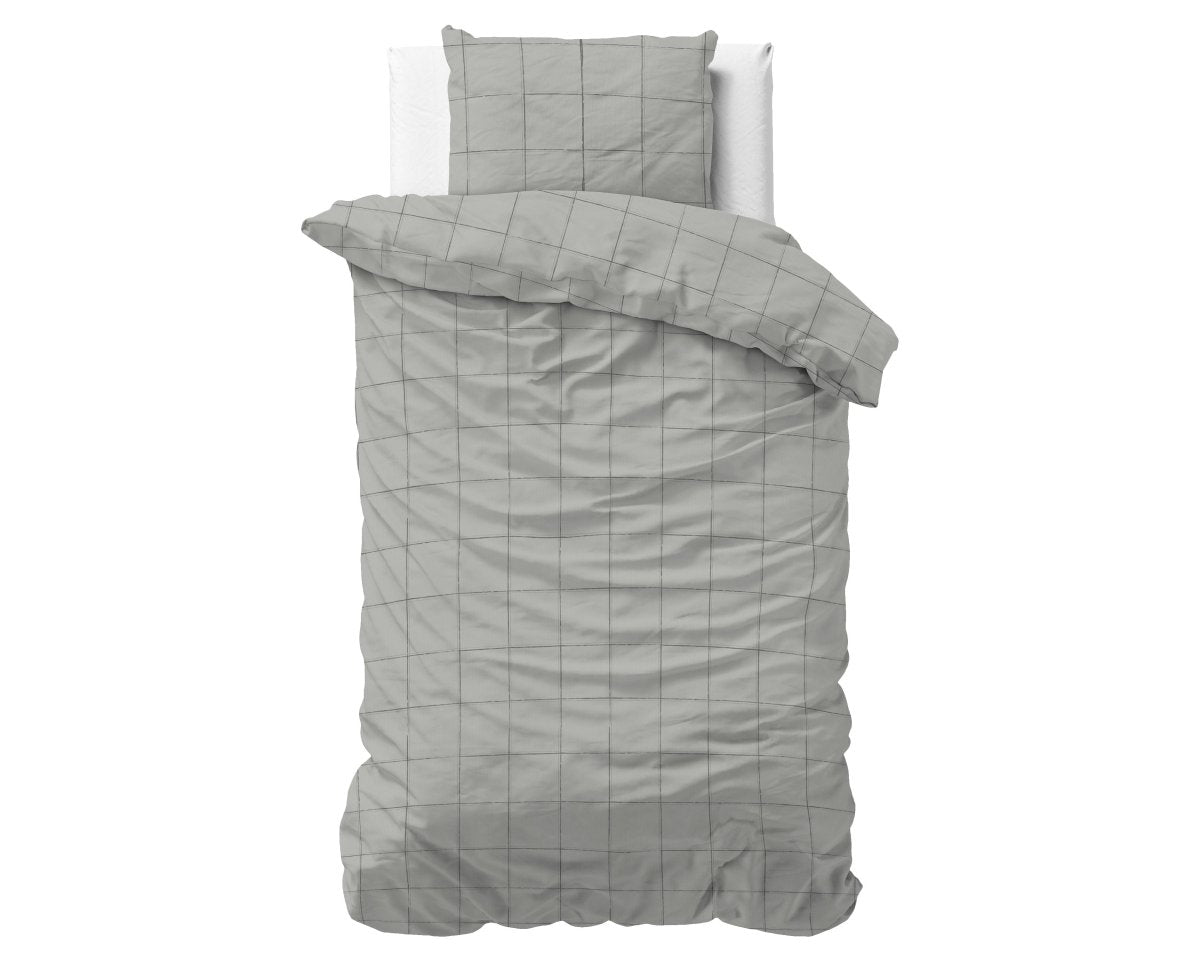 100% Cotton Sateen Duvet Cover Set Deep Check | Grey | Single - 140cm (W) x 220cm (L) - The Bedding & Blankets Store