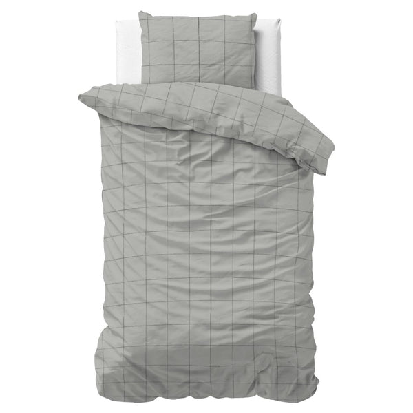 100% Cotton Sateen Duvet Cover Set Deep Check | Grey | Single - 140cm (W) x 220cm (L) - The Bedding & Blankets Store