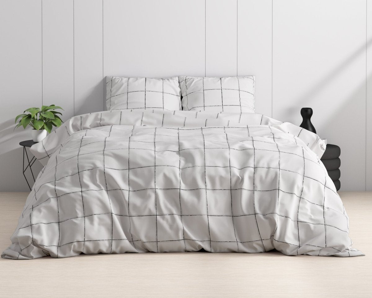 100% Cotton Sateen Duvet Cover Set Deep Check | White | Single - 140cm (W) x 220cm (L) - The Bedding & Blankets Store