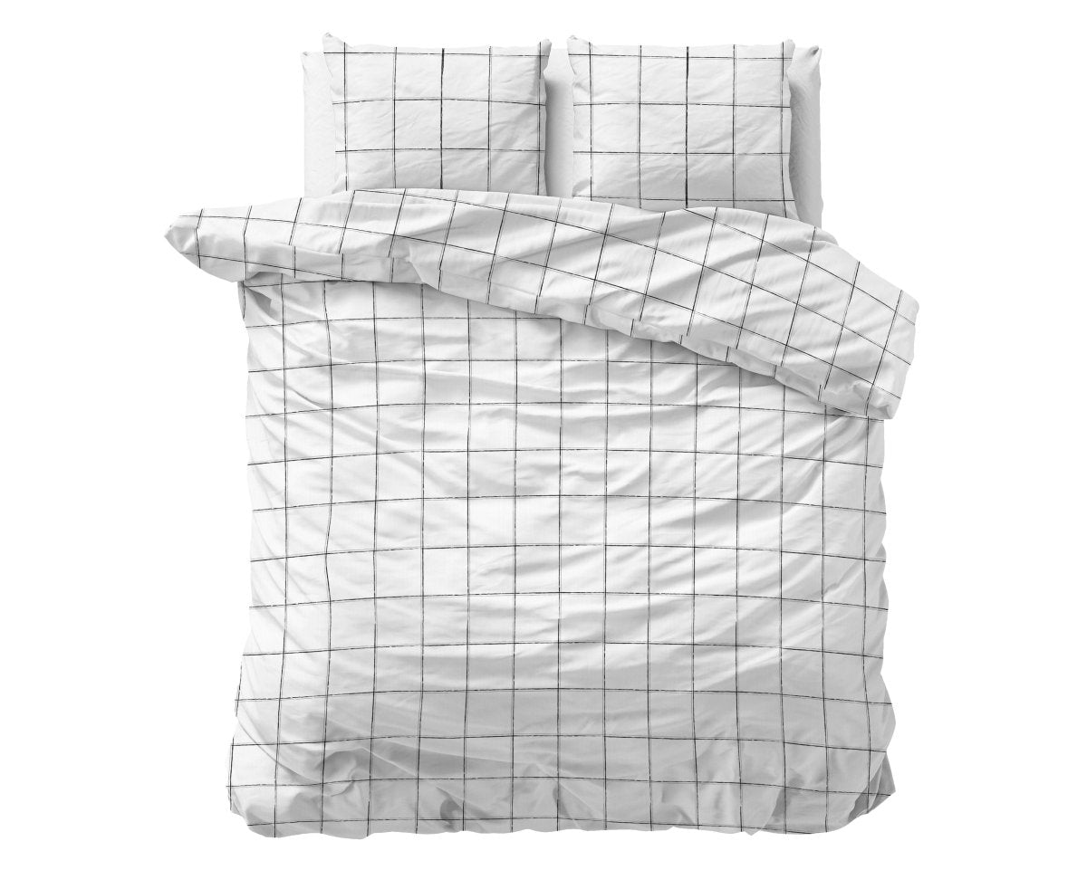 100% Cotton Sateen Duvet Cover Set Deep Check | White | Single - 140cm (W) x 220cm (L) - The Bedding & Blankets Store