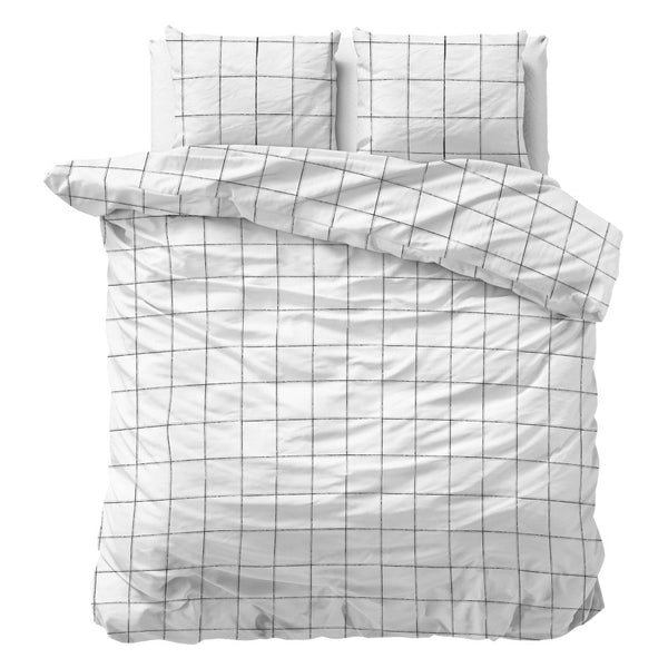 100% Cotton Sateen Duvet Cover Set Deep Check | White | Single - 140cm (W) x 220cm (L) - The Bedding & Blankets Store