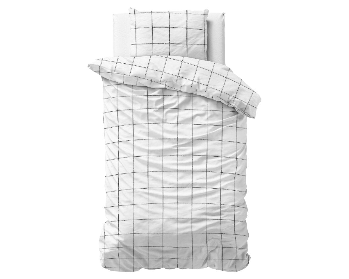 100% Cotton Sateen Duvet Cover Set Deep Check | White | Single - 140cm (W) x 220cm (L) - The Bedding & Blankets Store